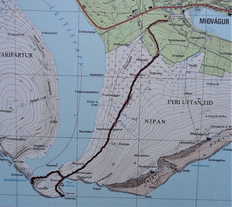 Map of the trail to Traelanipa and Bosdalafossur