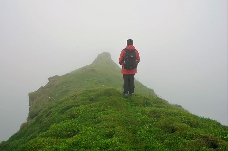 Mykines hike misty path.