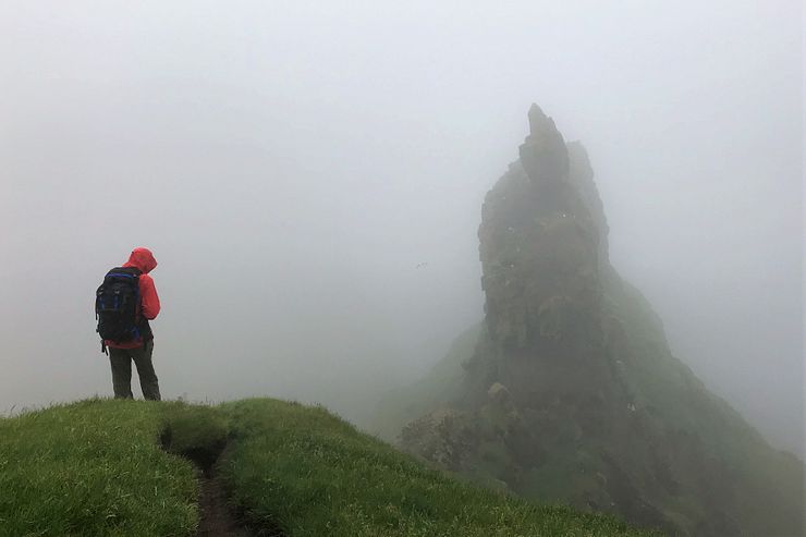 Mykines stone pillar in the mist.